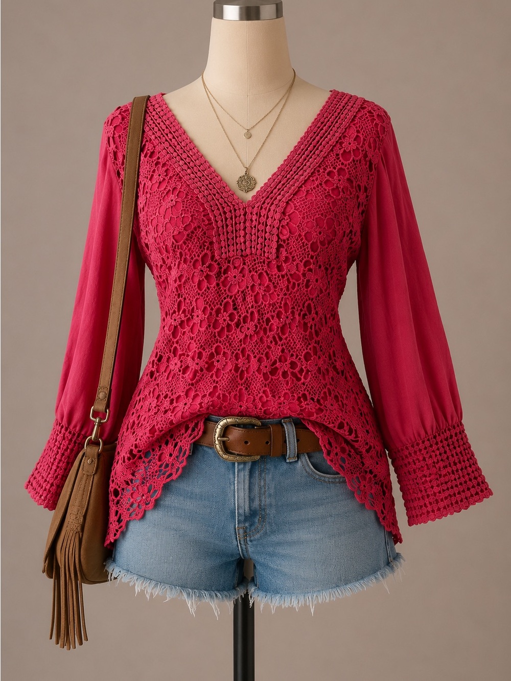 Simply Irresistible Y2K Flower Pink Raspberry Crochet V-Neck Lace Blouse • XL